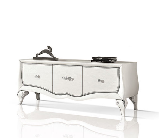 Porta tv stereo sagomato in legno tre cassetti