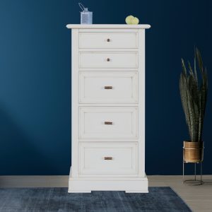 Cassettiera in legno cinque cassetti in laccato bianco anticato
