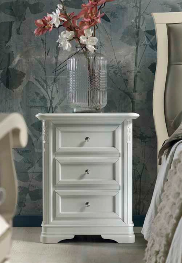 Classic wooden white bedside table three drawers
