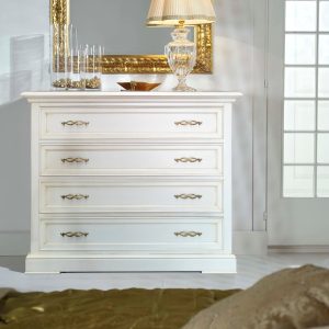 Comò classico in legno per camera da letto quattro cassetti in laccato bianco patinato