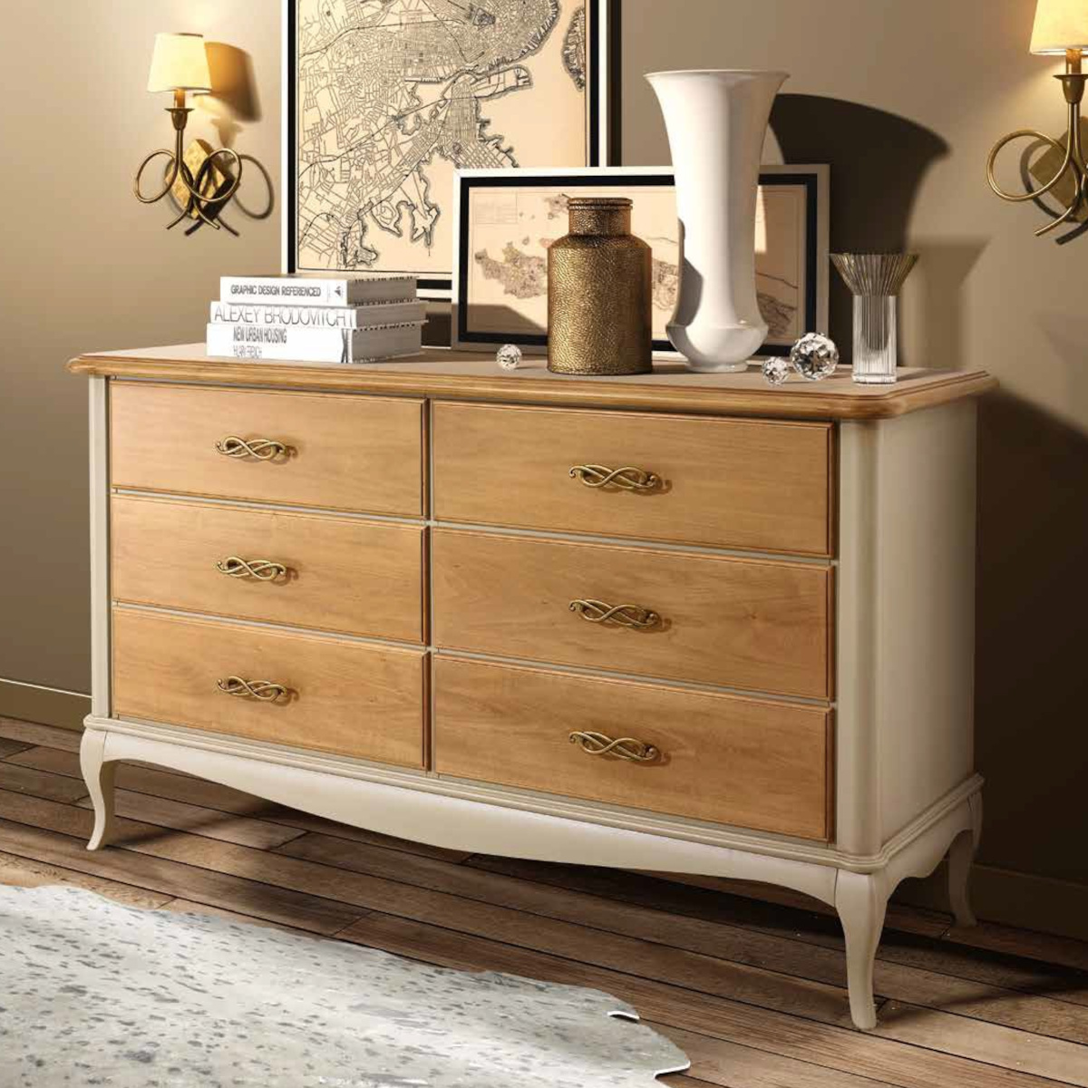 Comò classico in legno sei cassetti laccato
