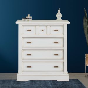 Comò in legno piccolo classico quattro cassetti in laccato bianco anticato