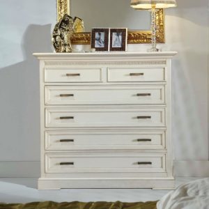 Comò per camera da letto classico in legno sei cassetti laccato bianco anticato