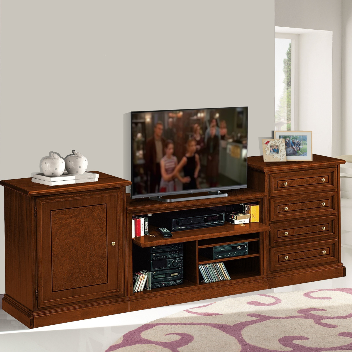 Componibile basso porta tv classico in legno finitura noce