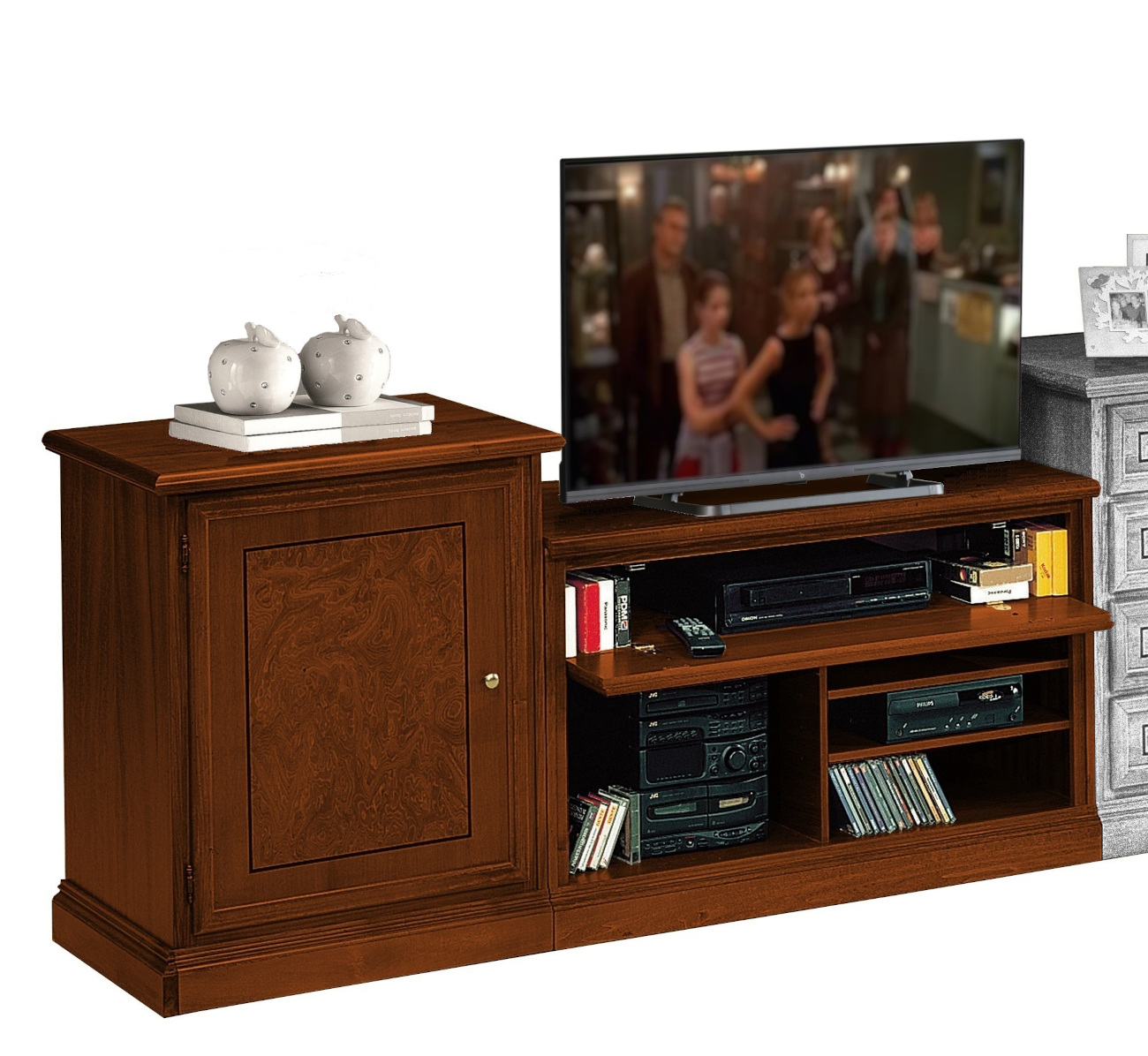 Componibile basso porta tv in legno con radica in finitura noce