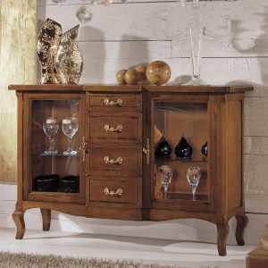 Credenza bar provenzale classica due porte vetro quattro cassetti in noce chiaro