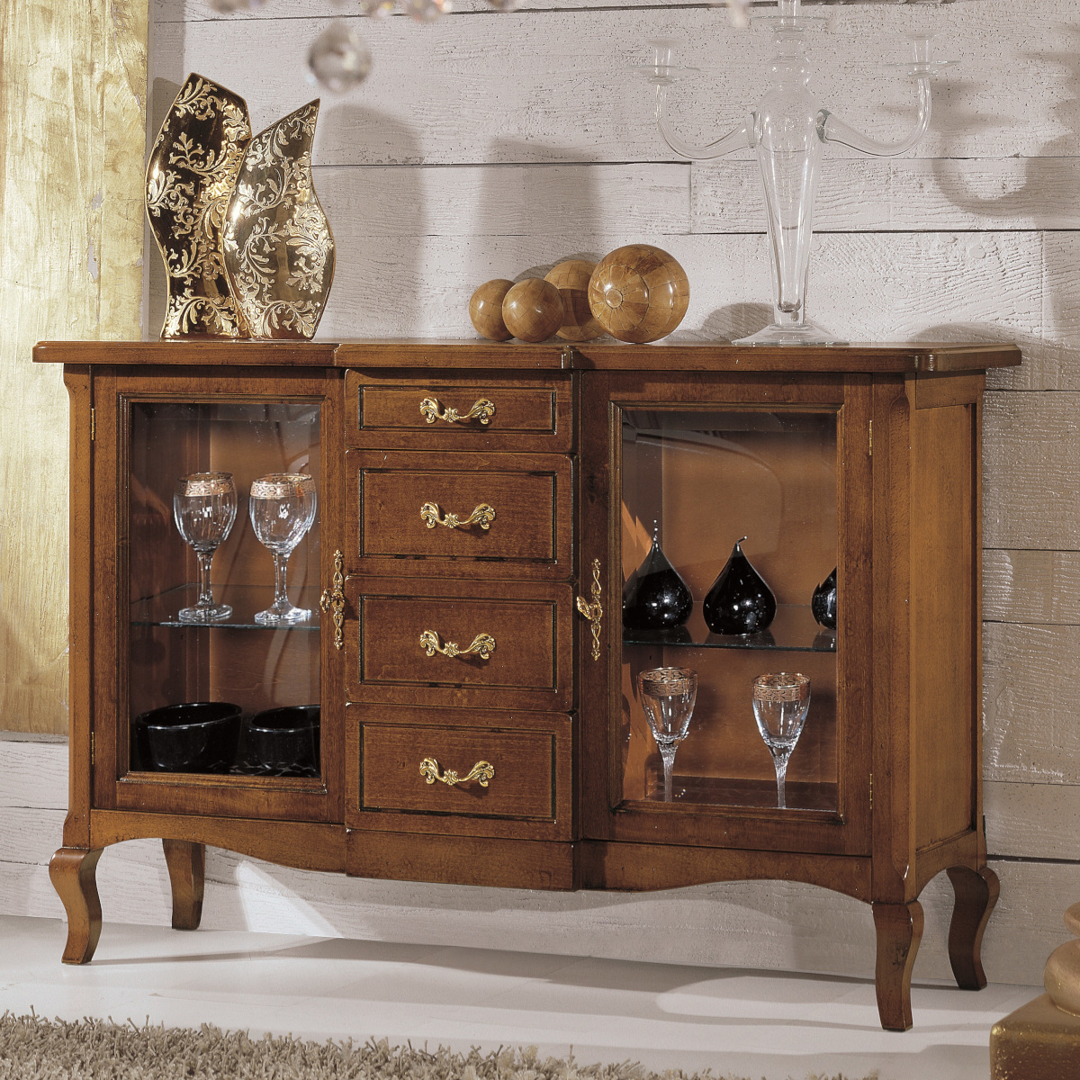 Credenza bar provenzale classica due porte vetro quattro cassetti in noce chiaro