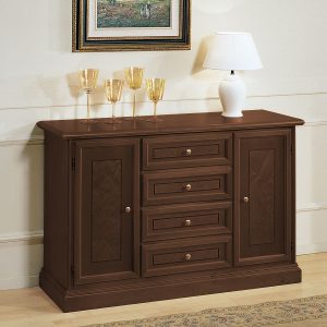 Credenza classica in legno due porte quattro cassetti con radica in noce