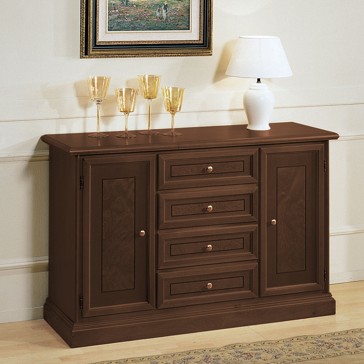 Credenza classica in legno due porte quattro cassetti con radica in noce