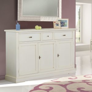 Credenza classica in legno tre ante tre cassetti in laccato bianco anticato