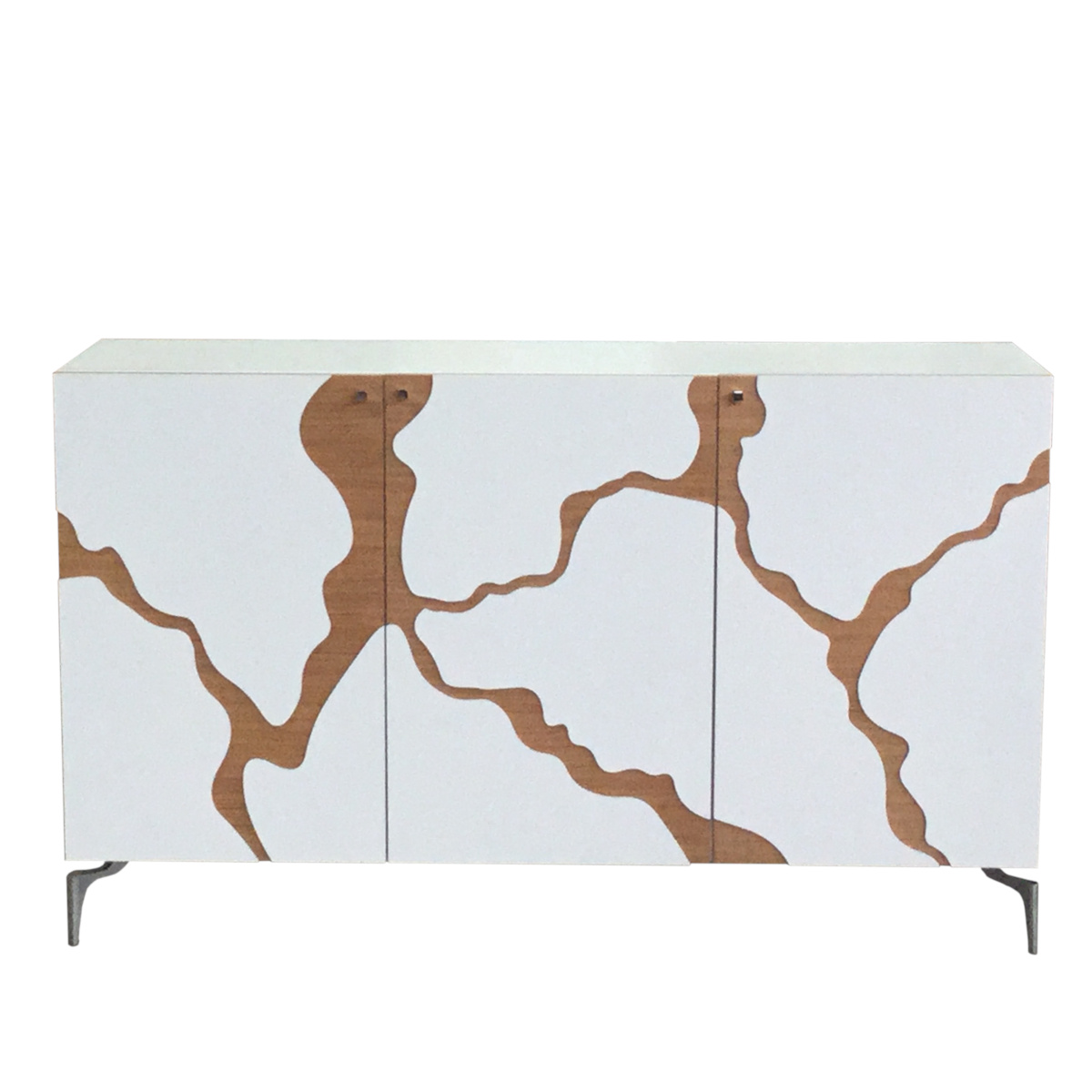 Credenza contemporanea moderna tre ante piedini metallo laccato bianco e naturale
