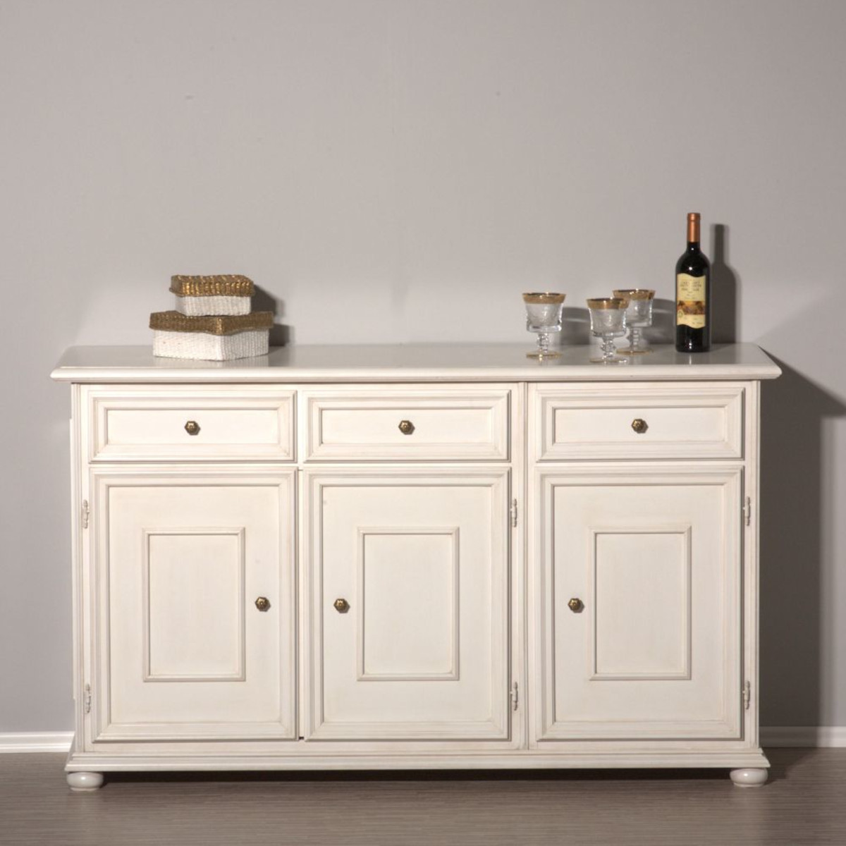 Credenza in legno classica 3 porte 3 cassetti laccato bianco anticato