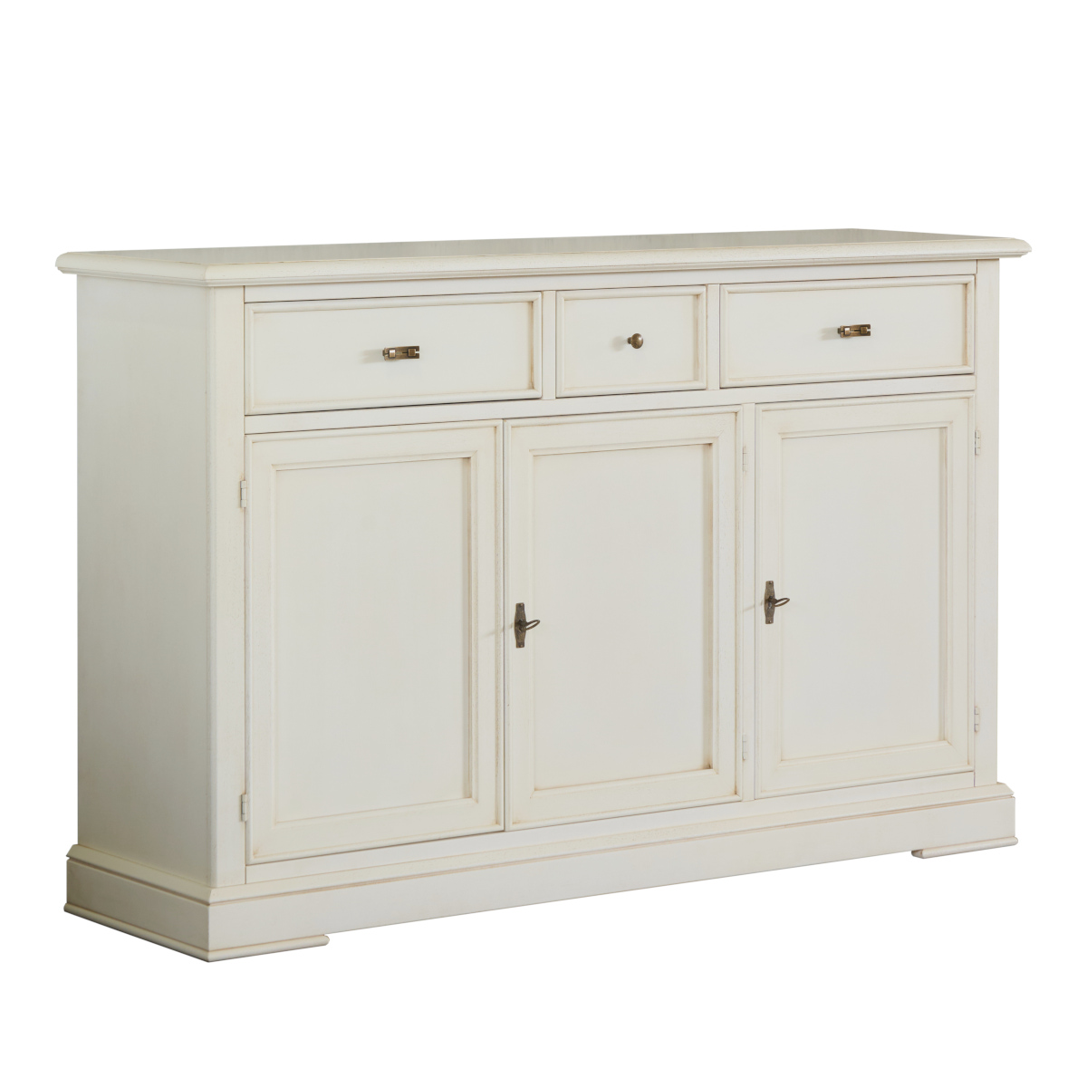 Credenza in legno classica tre ante tre cassetti in laccato bianco anticato