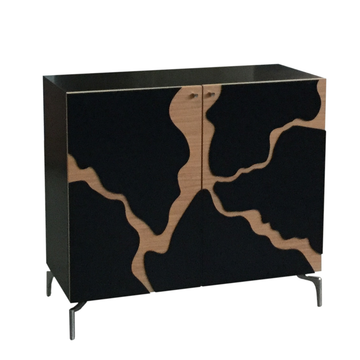 Credenza moderna contemporanea due ante laccata nera e naturale piedini metallo cromati