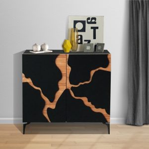 Credenza moderna due ante laccata nera con porte legno naturale e piedini metallo neri