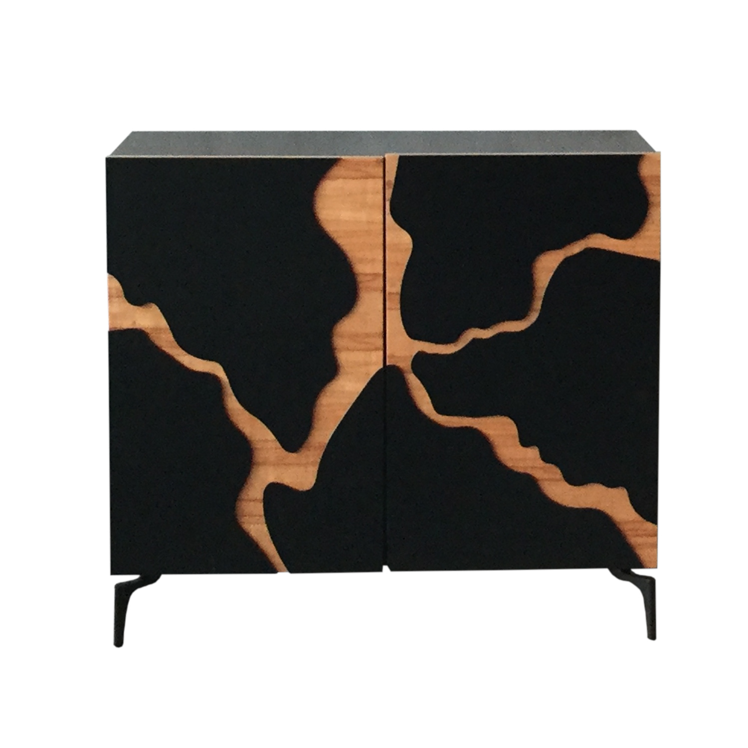 Credenza moderna due ante laccato nero con ante naturali piedini metallo