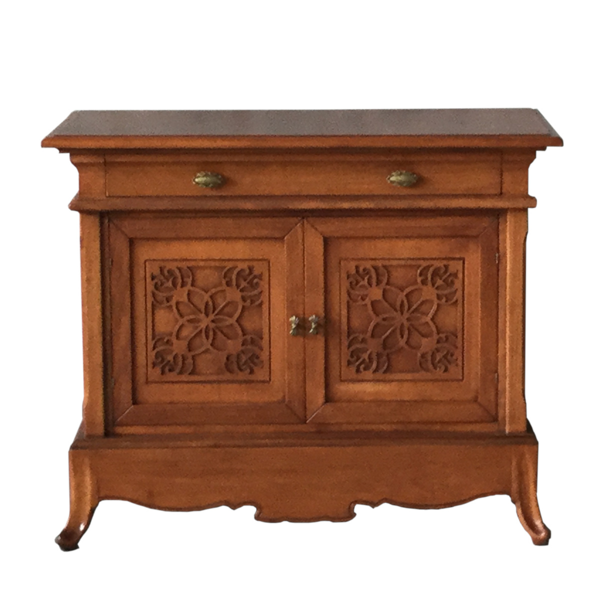 Credenza piccola classica in legno intagliata due porte un cassetto noce