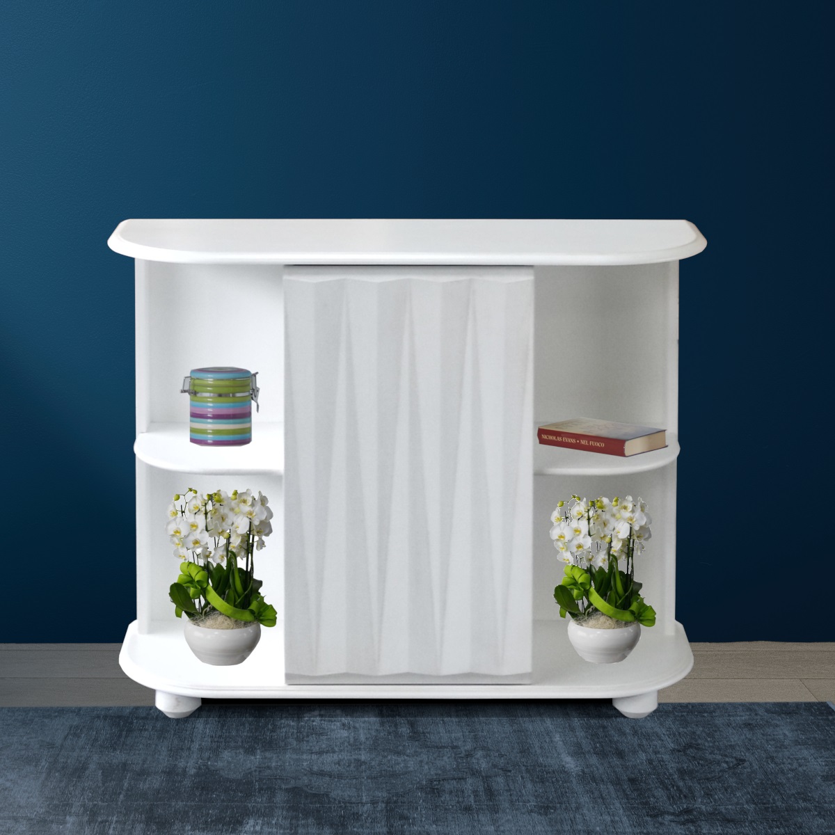 Credenza piccola console con una porta decoro 3d vani laterali in laccato bianco anticato