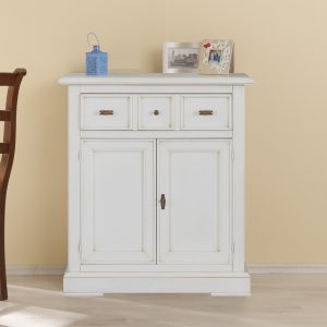 Credenzina piccola in legno classica due porte laccato bianco anticato