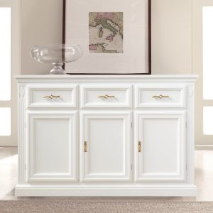 Credenza tre ante tre cassetti in legno massello stile direttorio laccato bianco puro