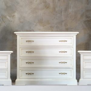 Gruppo comò e 2 comodini classici in legno laccato bianco
