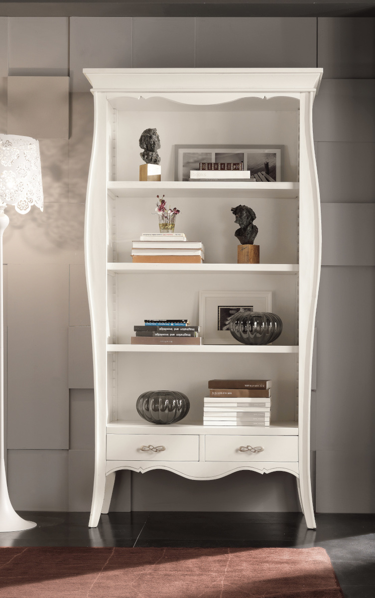 Libreria sagomata classica in legno con due cassetti in laccato bianco