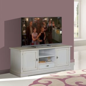 Mobile porta tv classico in legno due porte un cassetto in laccato bianco anticato