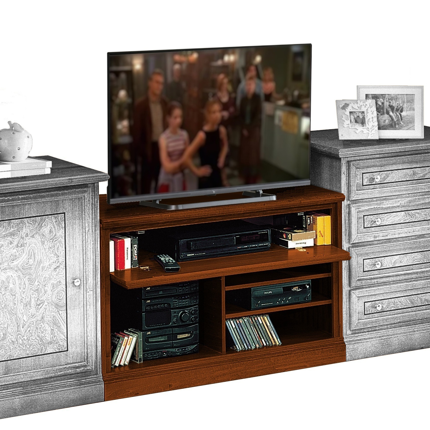 Mobile porta tv classico in legno con radica una ribalta in noce