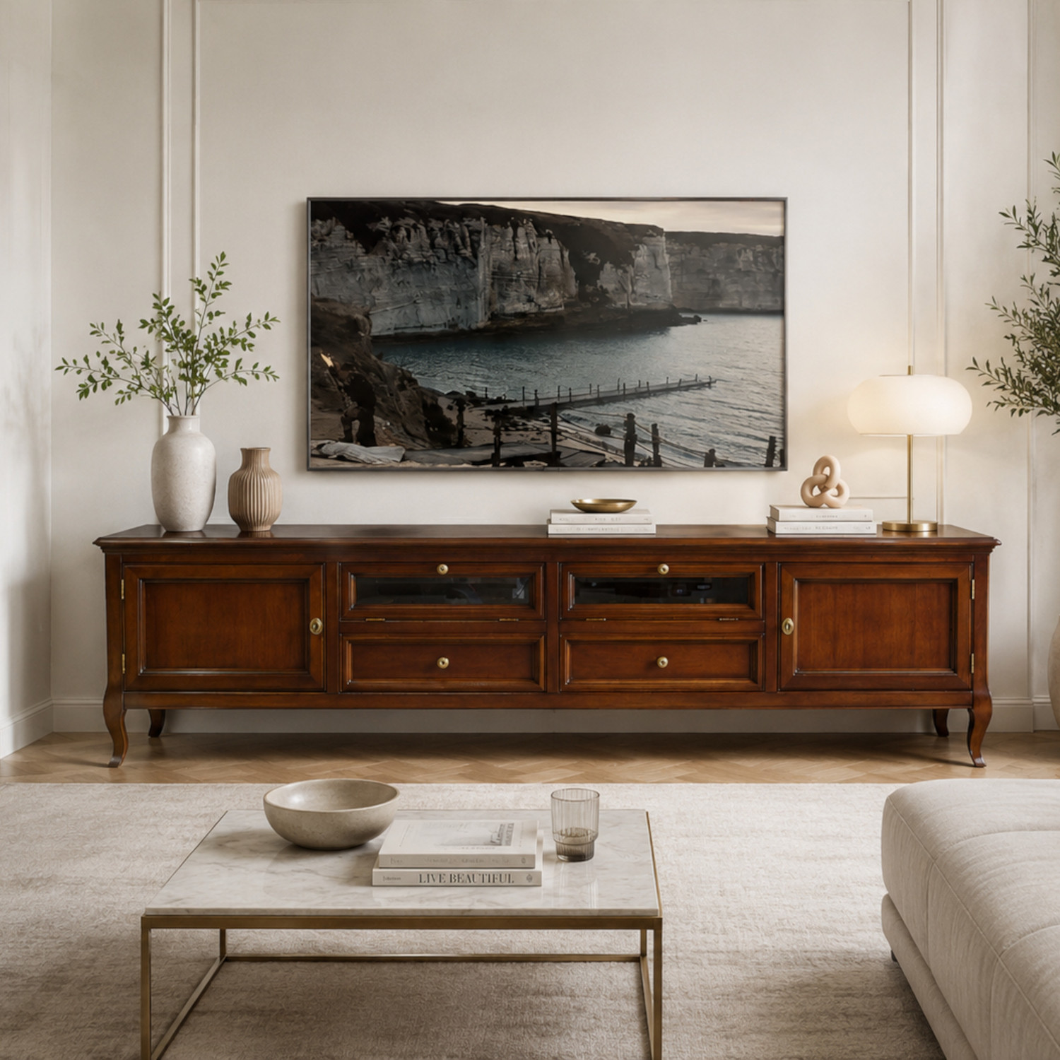 Mobile porta tv classico in legno due porte due cassetti due ribalte a vetro in noce