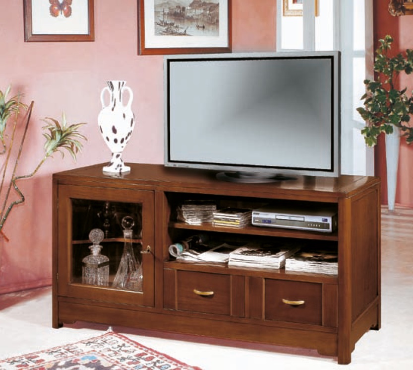 Mobile porta tv classico in legno una porta due cassetti in noce