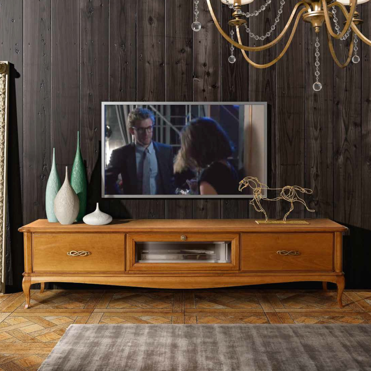 mobile porta tv grande classico provenzale in legno con due cassetti una ribalta in ciliegio