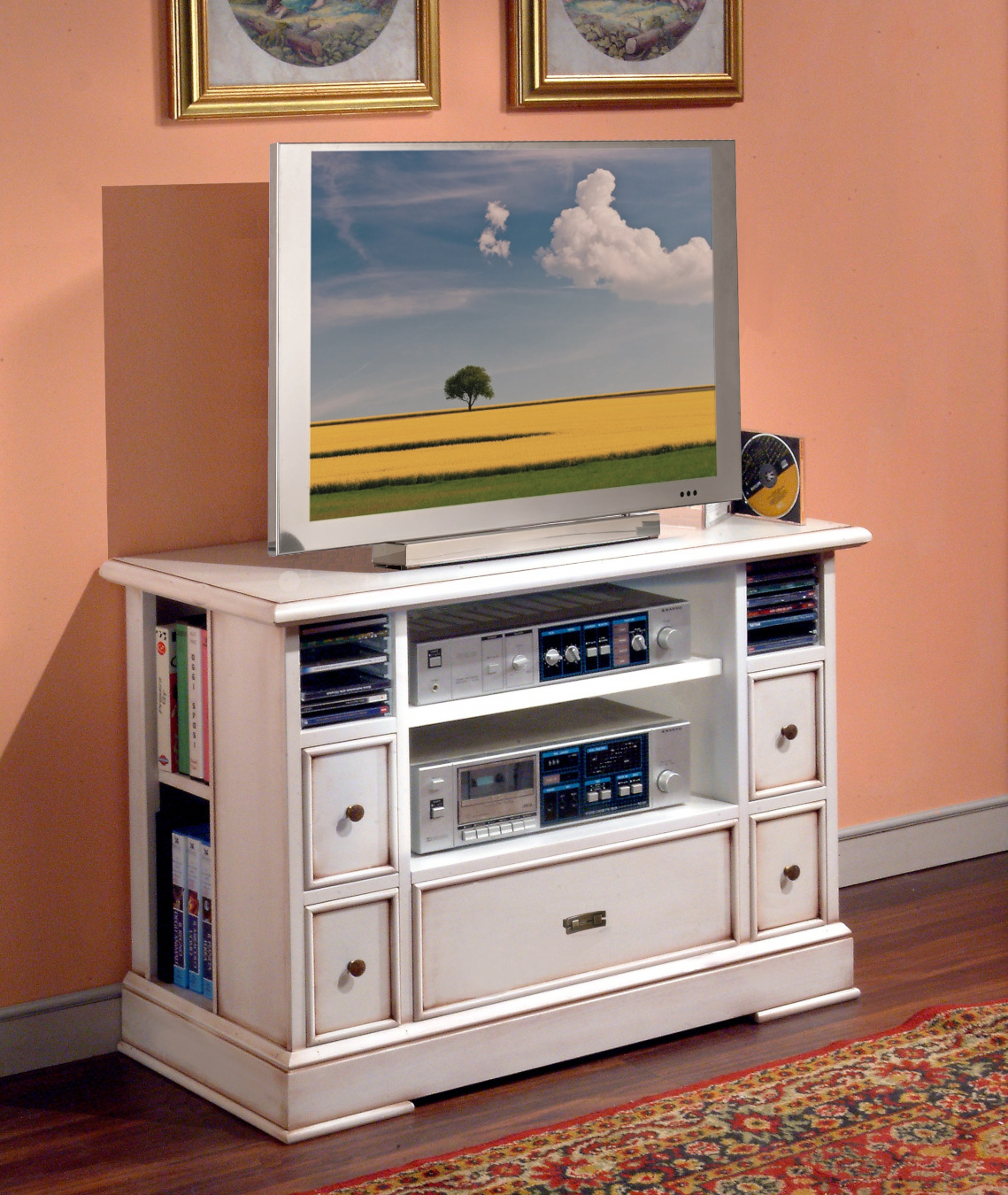 Mobile porta tv in legno vani laterali in laccato bianco anticato