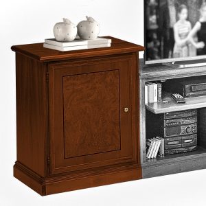 Piccola credenza classica in legno con radica a una porta in noce
