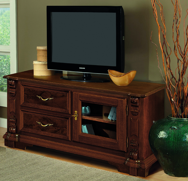 Porta tv in stile intagliato in legno lucidato noce