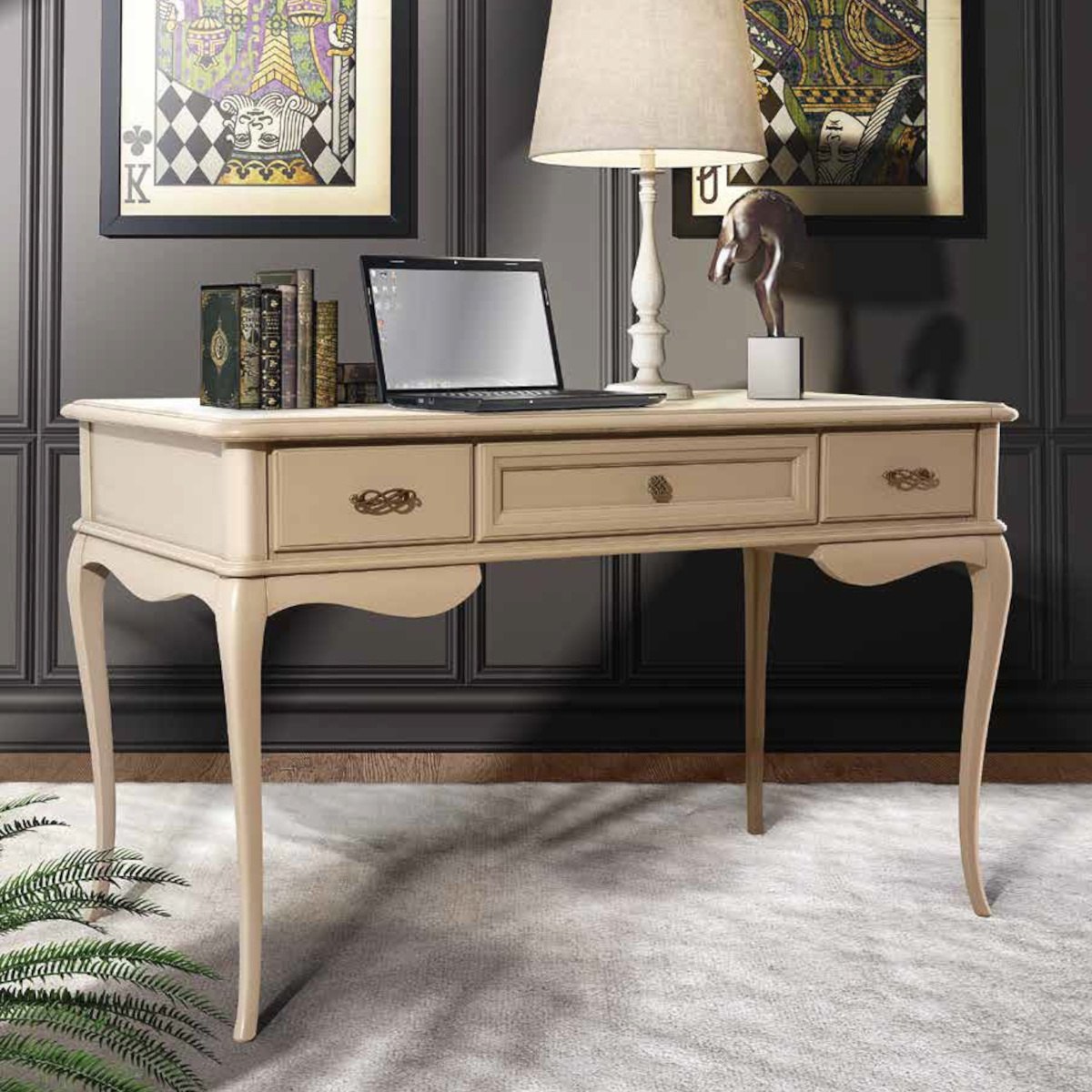 Scrittoio classico provenzale in legno tre cassetti laccato bianco crema