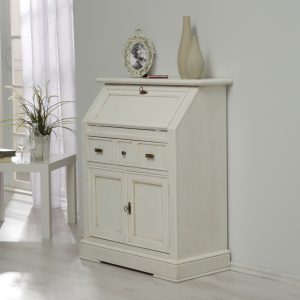 Secretaire classico in legno due porte un cassetto laccato bianco anticato