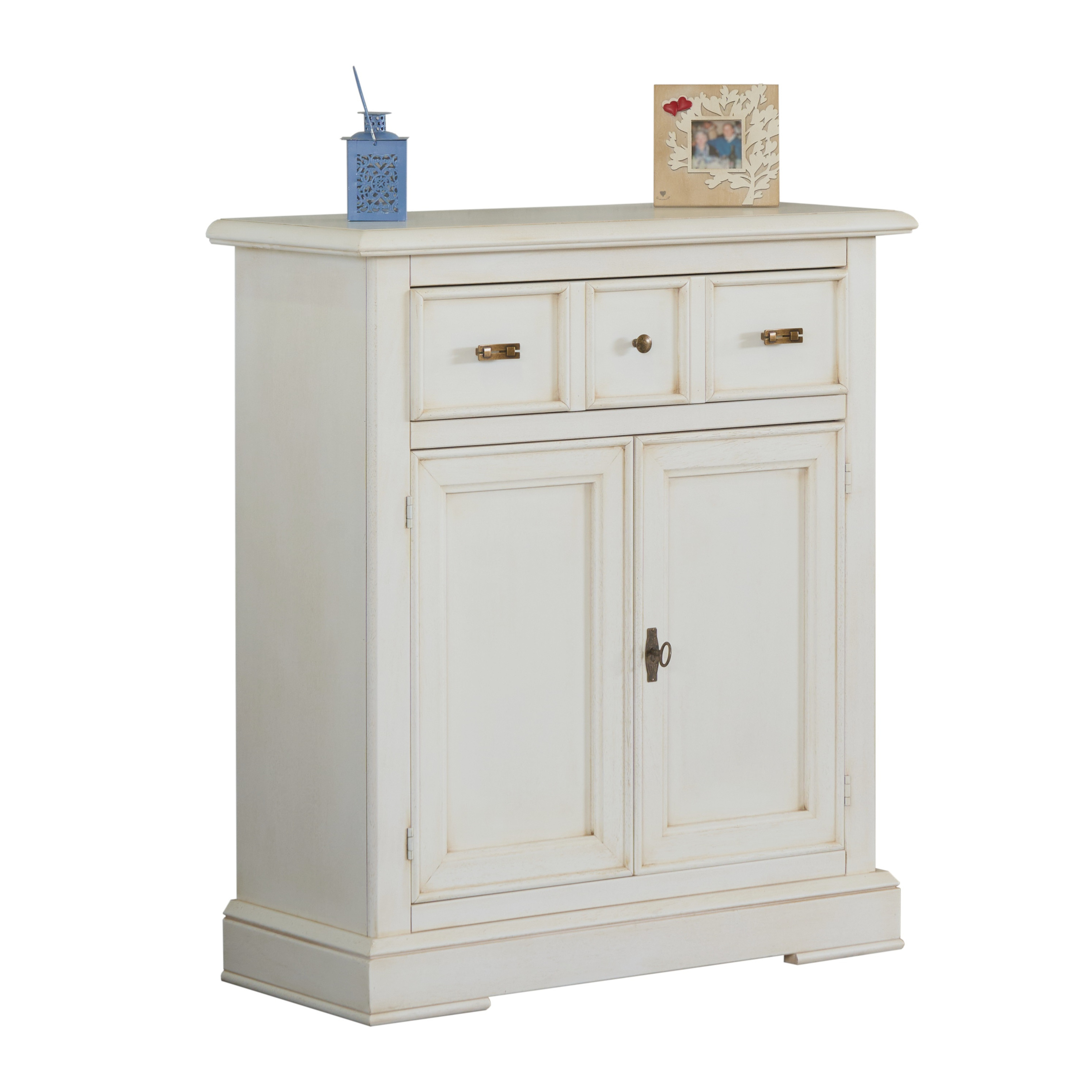 Small classic wooden sideboard with two doors in antique white lacquered