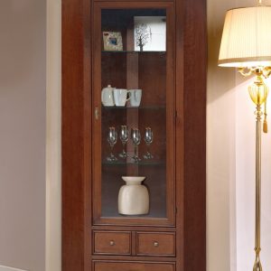 Vetrina ad angolo in legno classica una porta due cassetti in noce anticato