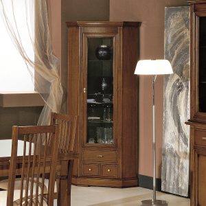 Vetrina ad angolo in legno classica una porta due cassetti in noce anticato