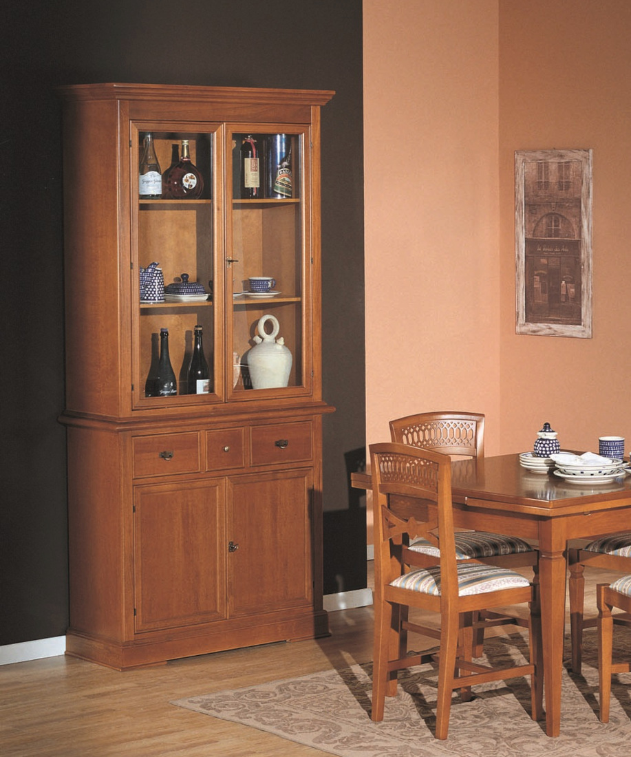 Vetrina classica in legno quattro porte base e alzata in ciliegio