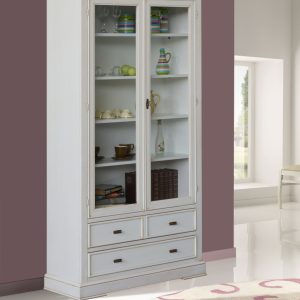 Vetrina in legno classica due ante due cassetti laccato bianco anticato