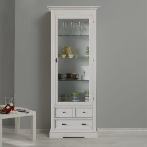 Vetrina in legno vintage classica una porta vetro due cassetti in laccato bianco anticato