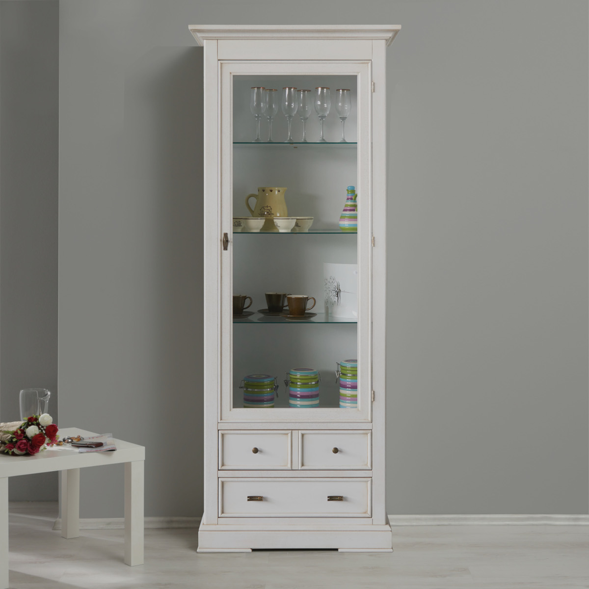 Vetrina in legno vintage classica una porta vetro due cassetti in laccato bianco anticato