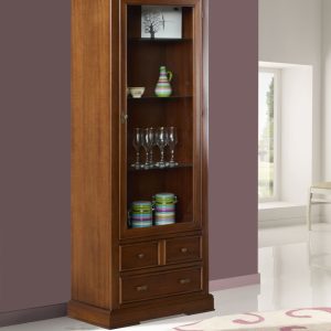 Vetrina in legno vintage classica una porta vetro due cassetti noce anticato