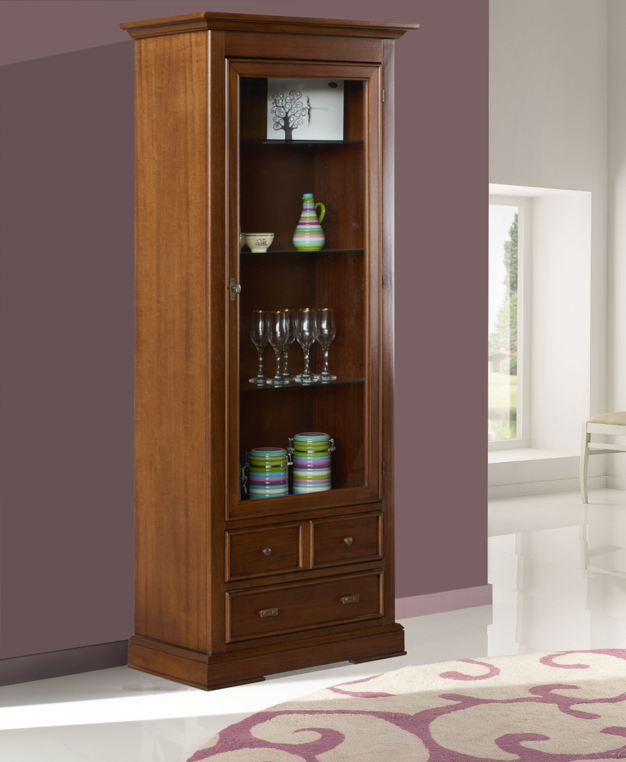 Vetrina in legno vintage classica una porta vetro due cassetti noce anticato