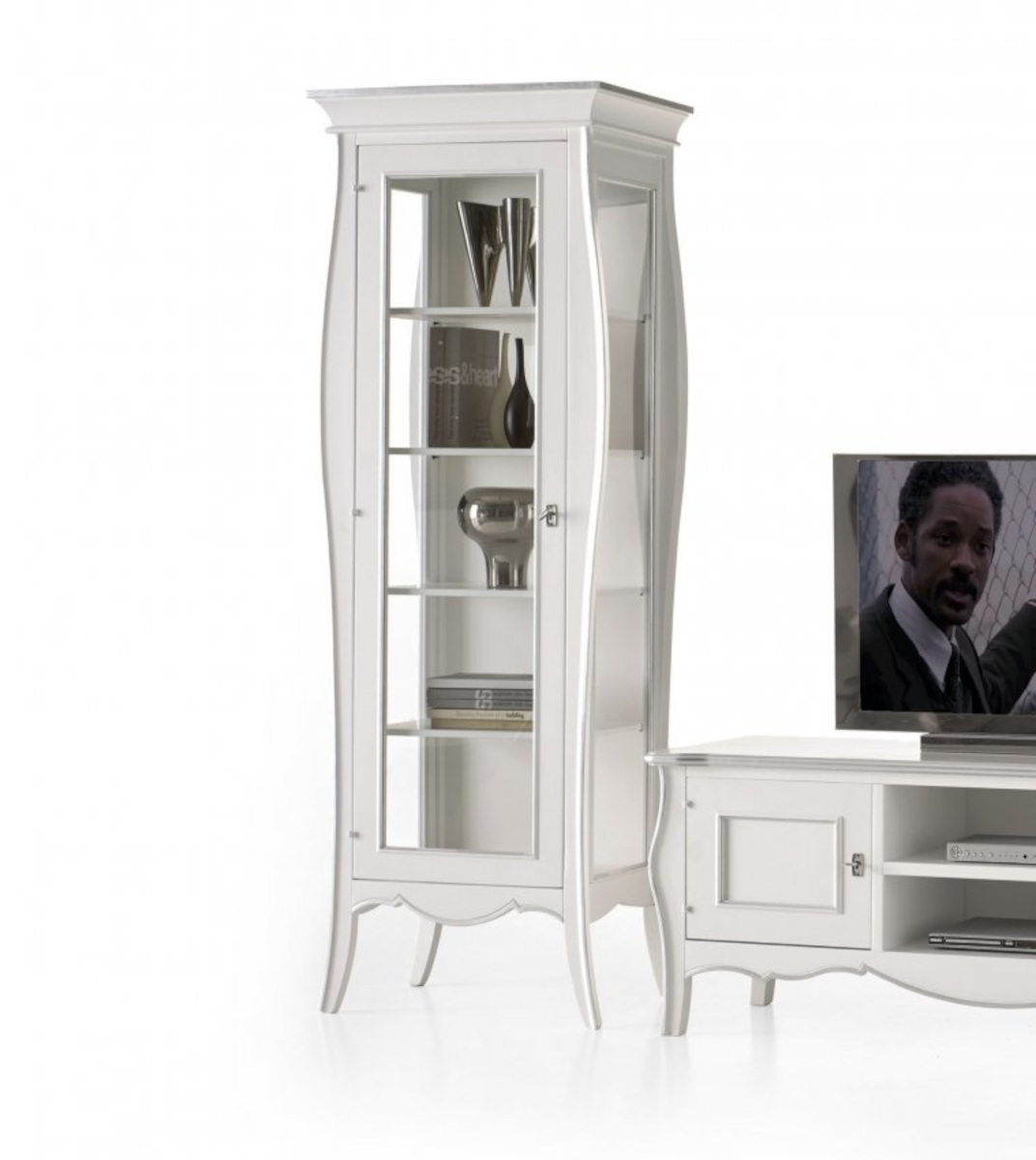Vetrina sagomata classica in legno una porta in laccato bianco