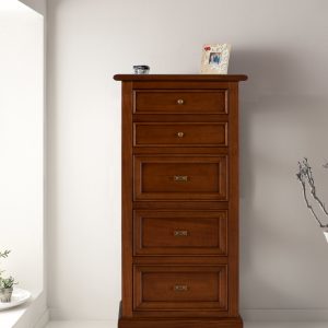 cassettiera stretta alta in legno noce cinque cassetti