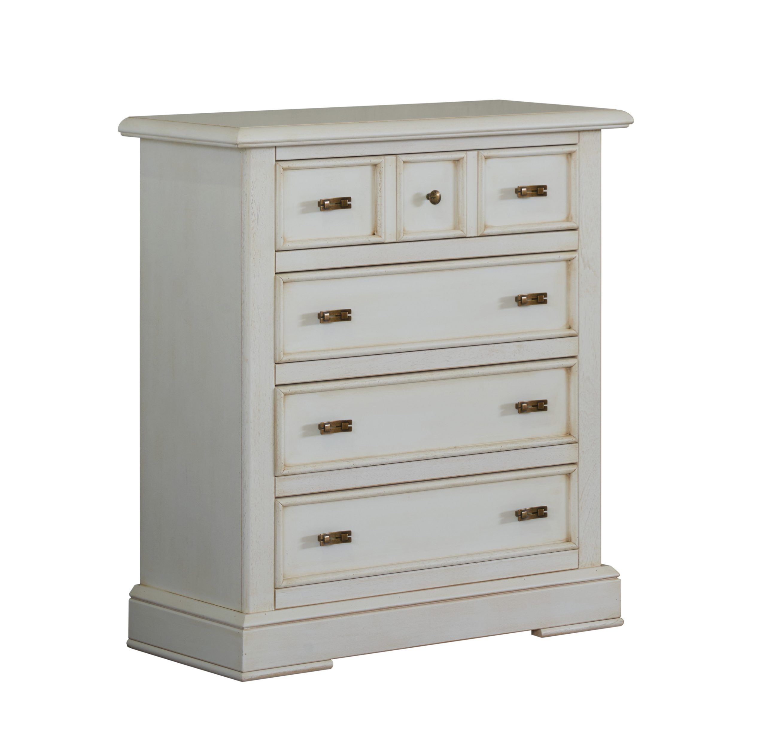 small classic handcrafted wooden chest of drawers in antique white lacquered